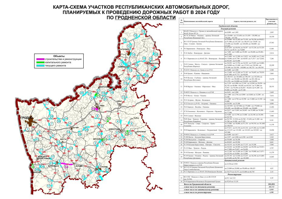 Сведения об участках автомобильных дорог общего пользования на которых в 2024 году планируется выполнение ремонтных работ